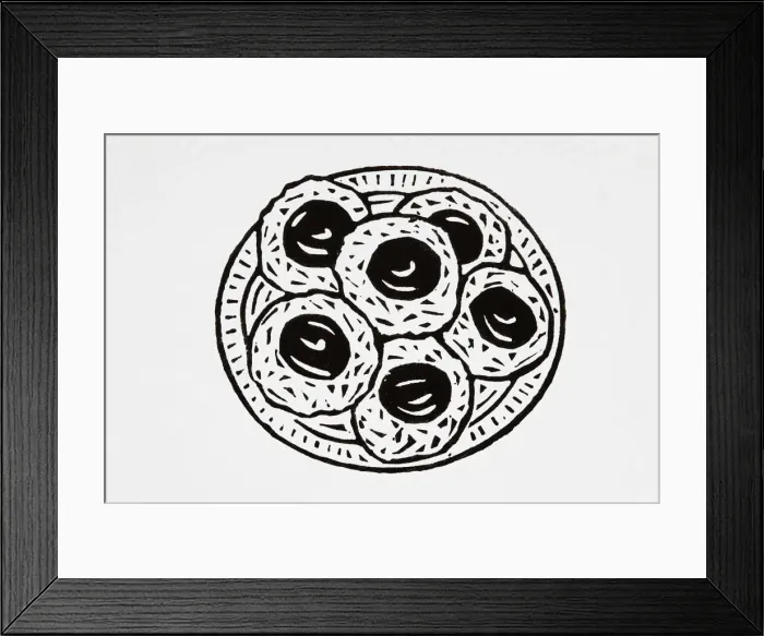 Framed Print : Black and white illustration of jam biscuits on plate Framed Print : Black and white illustration of jam biscuits on plate