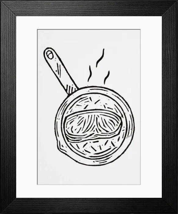 Framed Print : Black and white illustration of frying bacon in pan Framed Print : Black and white illustration of frying bacon in pan