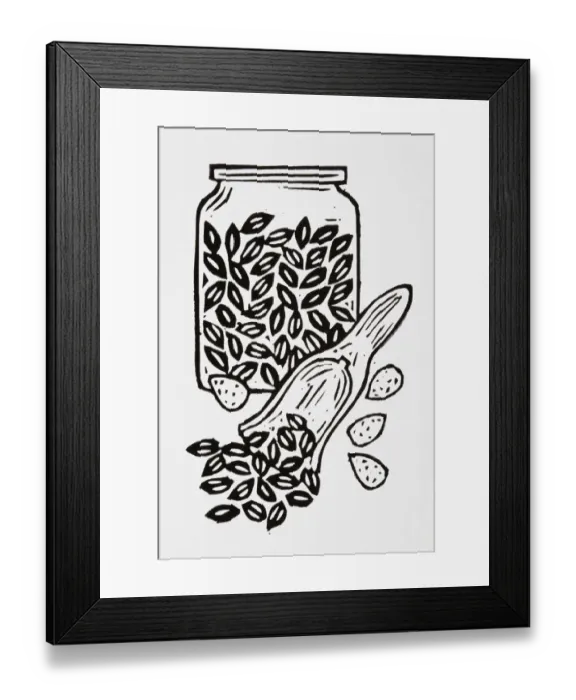Framed Print : Black and white illustration of nuts and seeds, in jar and on spoon
