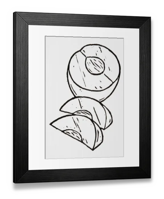Framed Print : Black and white illustration of sliced peach