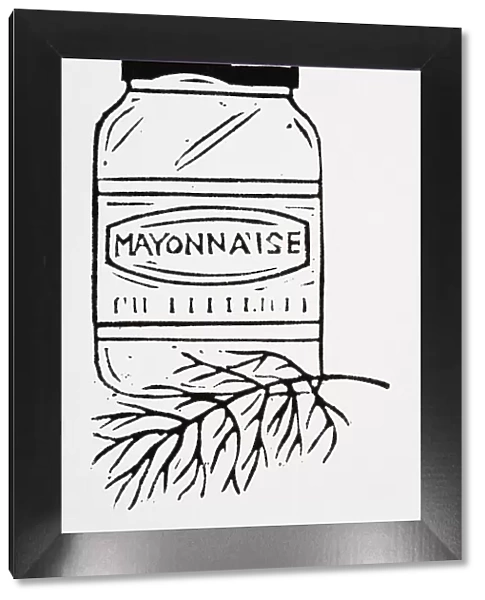 Black and white illustration of jar of mayonnaise and herbs