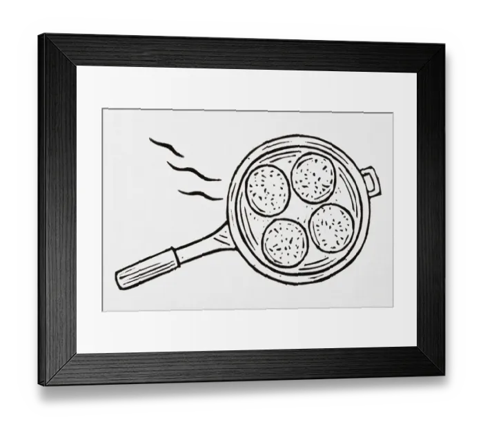 Framed Print : Black and white illustration of four small pancakes in frying pan Framed Print : Black and white illustration of four small pancakes in frying pan