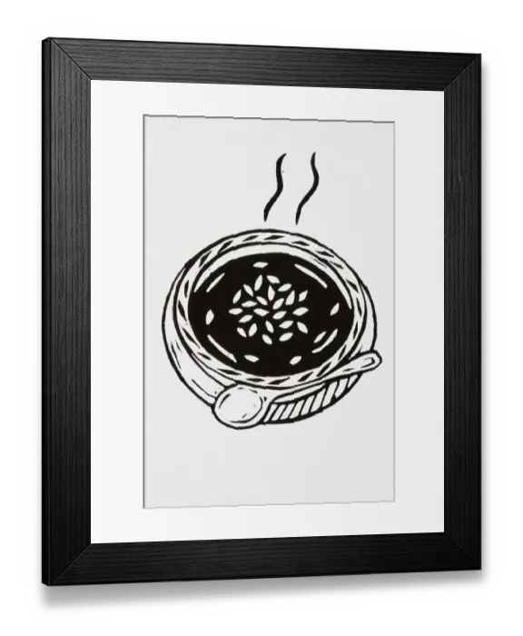 Framed Print : Black and white illustration of bowl of hot soup garnished with seeds, and a spoon Framed Print : Black and white illustration of bowl of hot soup garnished with seeds, and a spoon
