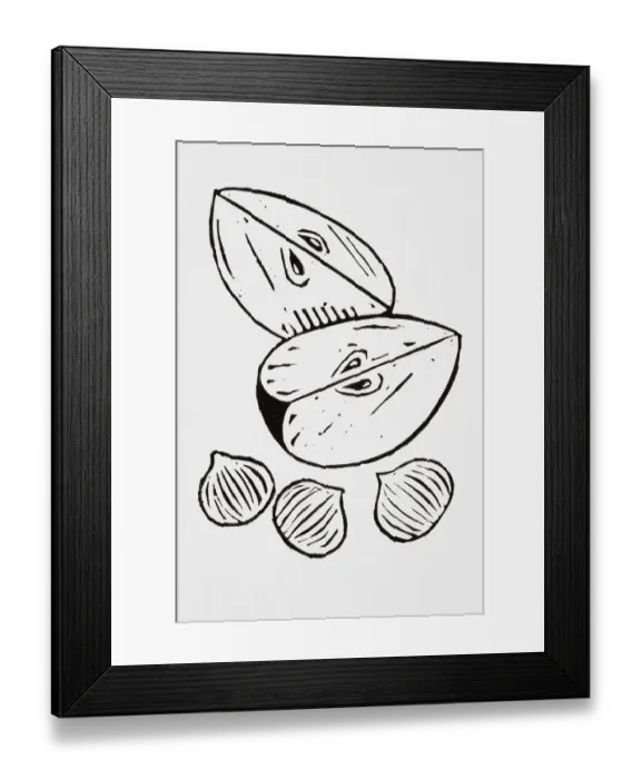 Framed Print : Black and white illustration of apple slices and nuts Framed Print : Black and white illustration of apple slices and nuts