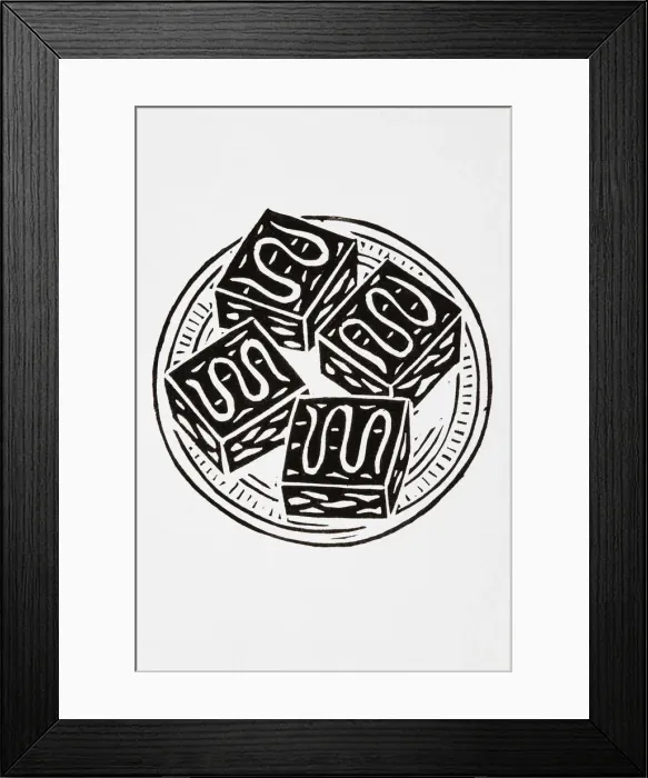 Framed Print : Black and white illustration of four cakes on a plate Framed Print : Black and white illustration of four cakes on a plate