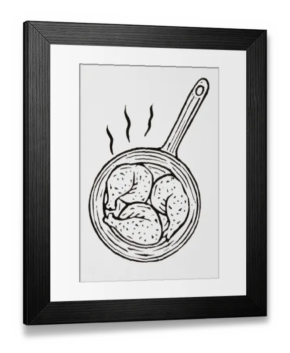 Framed Print : Black and white illustration of frying chicken legs in pan Framed Print : Black and white illustration of frying chicken legs in pan