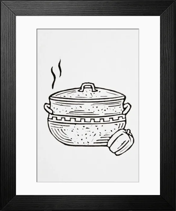 Framed Print : Black and white illustration of casserole and bell pepper Framed Print : Black and white illustration of casserole and bell pepper