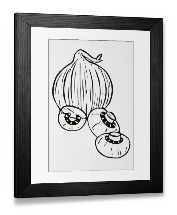 Framed Print : Black and white illustration of onion and mushrooms Framed Print : Black and white illustration of onion and mushrooms