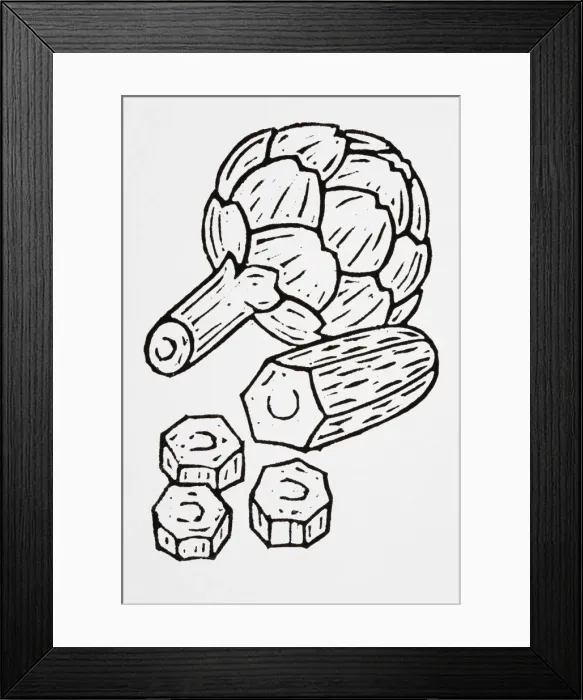 Framed Print : Black and white illustration of courgette and artichokes Framed Print : Black and white illustration of courgette and artichokes