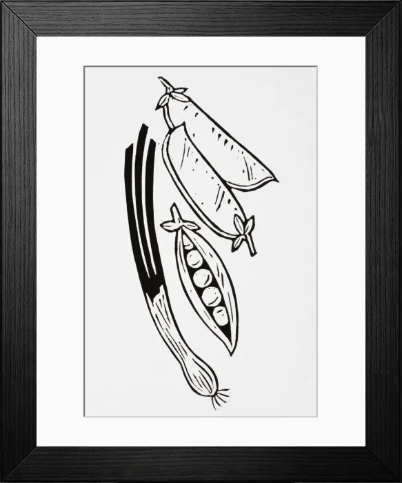Framed Print : Black and white illustration of pea pods and spring onion Framed Print : Black and white illustration of pea pods and spring onion