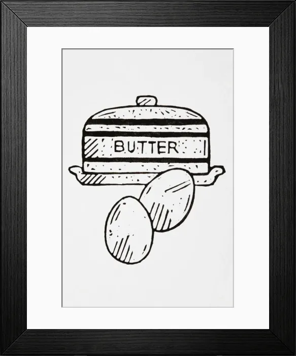 Framed Print : Black and white illustration of butter dish and two eggs Framed Print : Black and white illustration of butter dish and two eggs