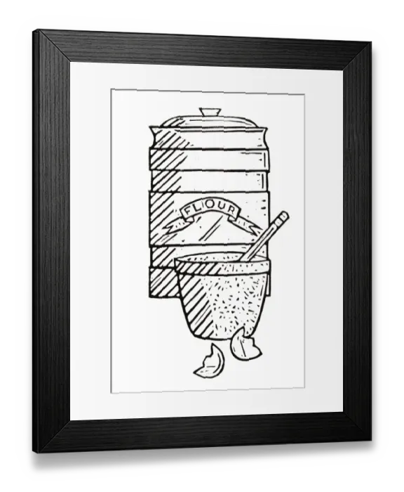 Framed Print : Black and white illustration of jar containing flour, mixing bowl and egg shells Framed Print : Black and white illustration of jar containing flour, mixing bowl and egg shells