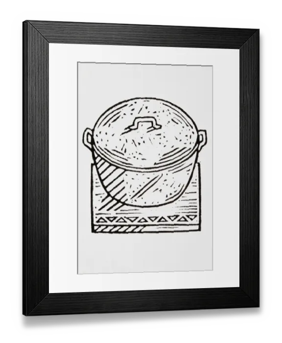 Framed Print : Black and white illustration of hot pot on a wooden board Framed Print : Black and white illustration of hot pot on a wooden board