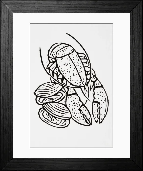 Framed Print : Black and white illustration of lobster and clams