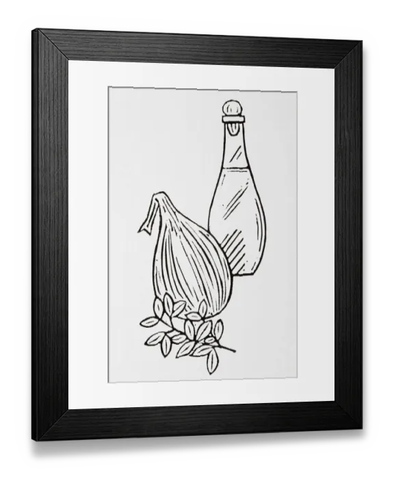 Framed Print : Black and white illustration of bottle of oil, onion and herb Framed Print : Black and white illustration of bottle of oil, onion and herb