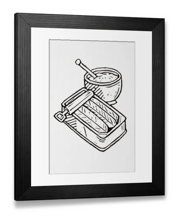 Framed Print : Black and white illustration of tin of herrings and bowl of horseradish dip