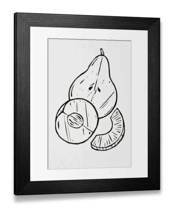 Framed Print : Black and white illustration of pear, halved peach and piece of pineapple Framed Print : Black and white illustration of pear, halved peach and piece of pineapple