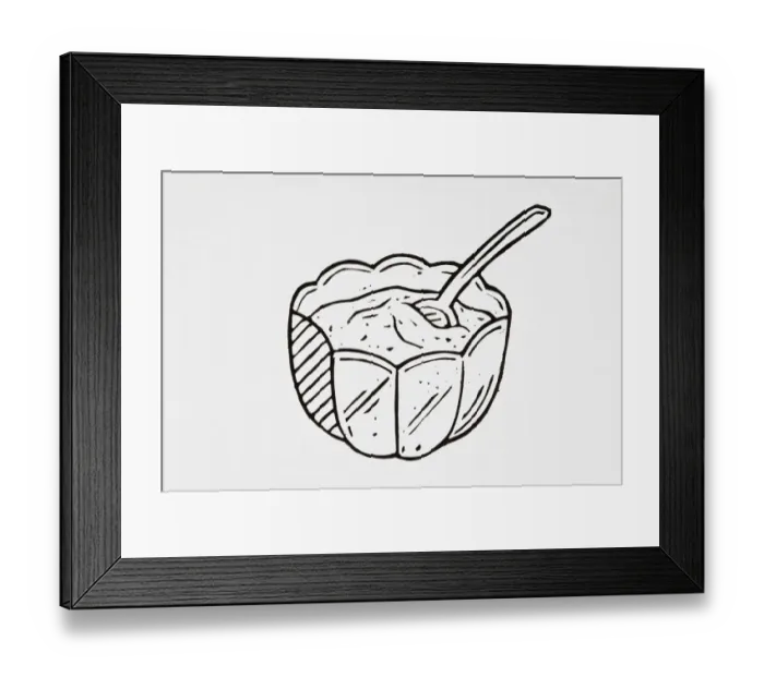 Framed Print : Black and white illustration of bowl of pudding with spoon Framed Print : Black and white illustration of bowl of pudding with spoon