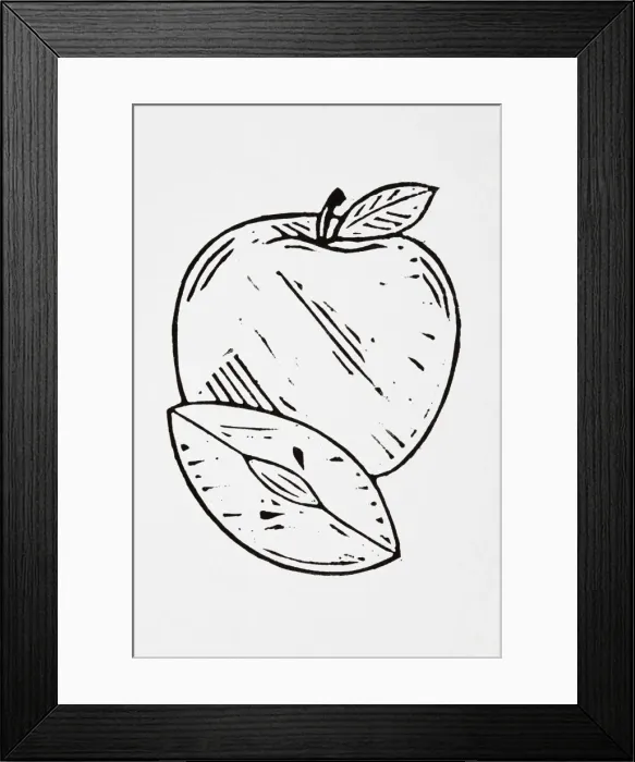 Framed Print : Black and white illustration of apple and apple slice Framed Print : Black and white illustration of apple and apple slice