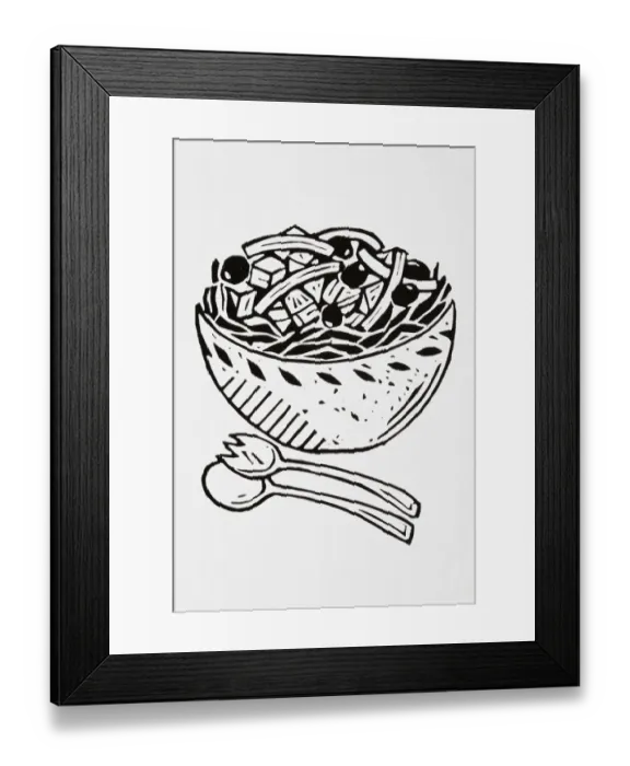 Framed Print : Black and white illustration of bowl of salad with olives, and salad servers Framed Print : Black and white illustration of bowl of salad with olives, and salad servers