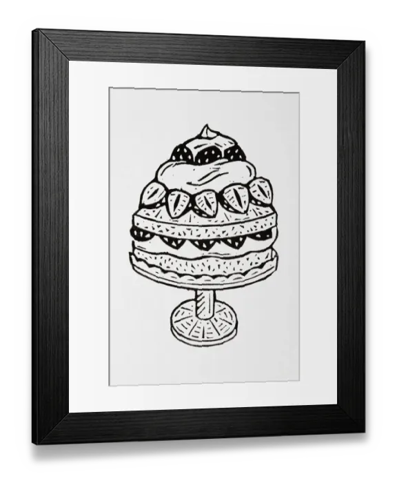 Framed Print : Black and white illustration of layered cream and fruit cake on cake stand