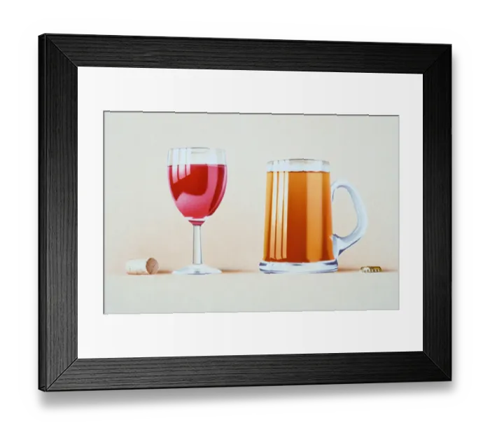 Framed Print : Glass of red wine, cork, glass of beer, bottle top Framed Print : Glass of red wine, cork, glass of beer, bottle top