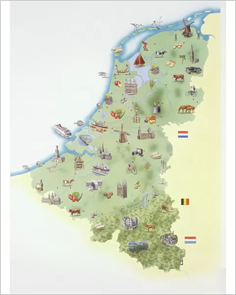 Netherlands, map showing distinguishing features and landmarks