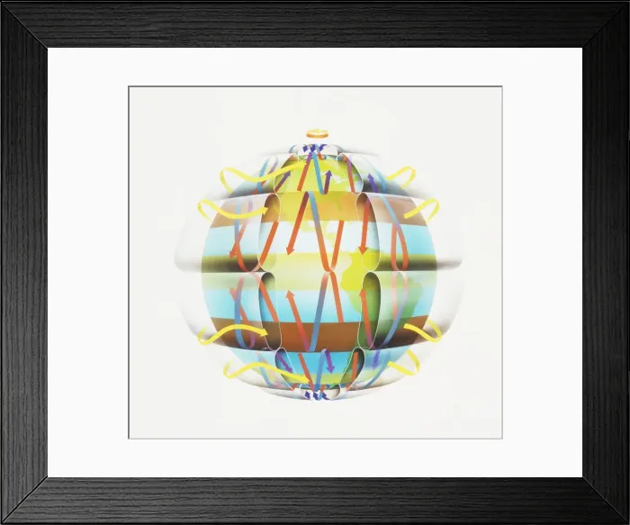 Framed Print : World globe with directional arrows showing trade wind patterns