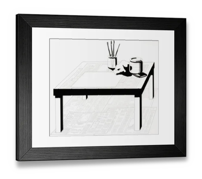 Framed Print : Paint brushes, jar, cloth and piece of paper on coffee table standing on newspapers spread below Framed Print : Paint brushes, jar, cloth and piece of paper on coffee table standing on newspapers spread below
