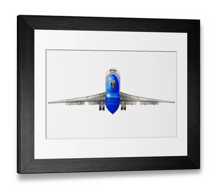 Framed Print : American, long-range, wide-body commercial aircraft, low angle view