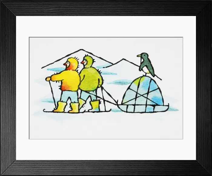 Framed Print : Polar explorers in Arctic setting, with penguin sitting on igloo tent pulled by men Framed Print : Polar explorers in Arctic setting, with penguin sitting on igloo tent pulled by men