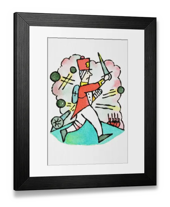 Framed Print : Humorous depiction of Redcoat Soldier rushing into battle holding sword Framed Print : Humorous depiction of Redcoat Soldier rushing into battle holding sword
