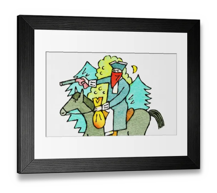 Framed Print : Highwayman on horseback, scarf hiding identity, holding pistol and booty, 17th - 18th century Framed Print : Highwayman on horseback, scarf hiding identity, holding pistol and booty, 17th - 18th century