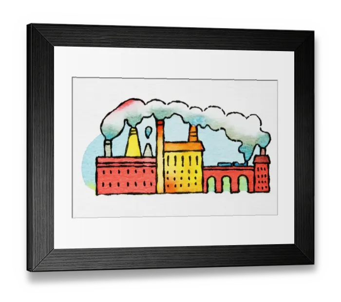 Framed Print : 19th century factory buildings with smoke billowing from chimneys Framed Print : 19th century factory buildings with smoke billowing from chimneys
