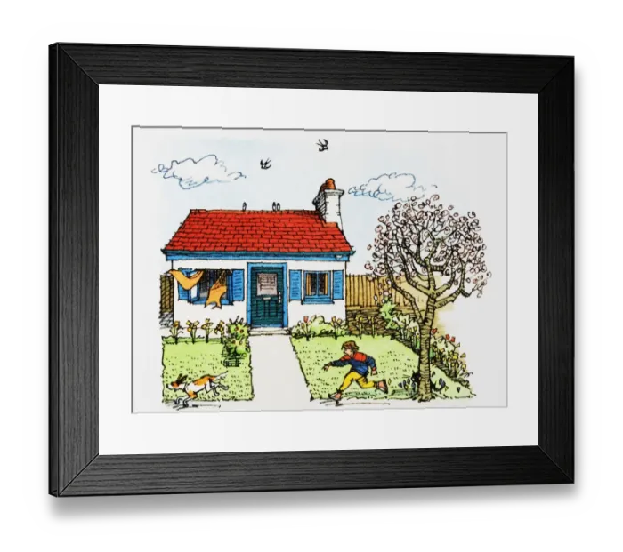 Framed Print : Boy chasing pet dog in garden of cottage-style house on chilly day Framed Print : Boy chasing pet dog in garden of cottage-style house on chilly day