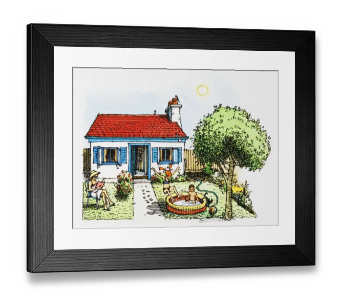 Framed Print : Family scene on hot summer day in garden, with children playing in paddling pool, parent reading book, and cottage-style house in background