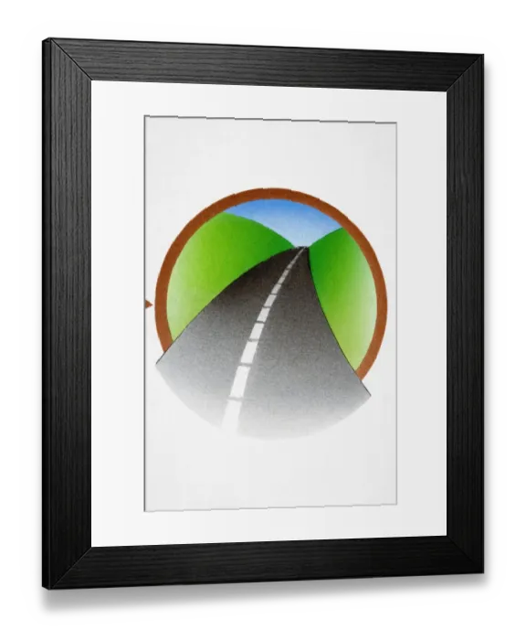 Framed Print : White lines in center of road, disappearing into distance, demonstrating perspective