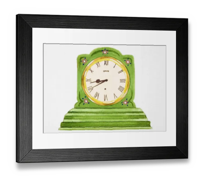 Framed Print : Small, green clock with Roman numerals on face Framed Print : Small, green clock with Roman numerals on face