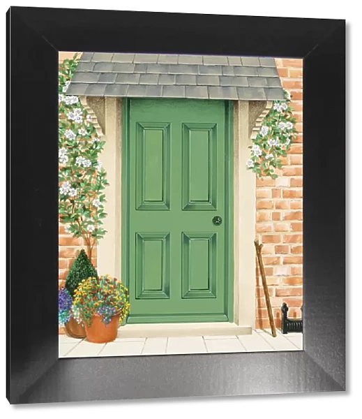 Green front door with climbers around frame, and potted plants