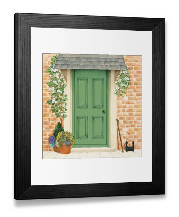 Framed Print : Green front door with climbers around frame, and potted plants Framed Print : Green front door with climbers around frame, and potted plants