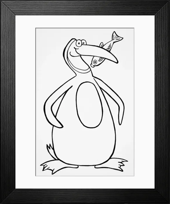 Framed Print : Humorous depiction of penguin with fish in beak Framed Print : Humorous depiction of penguin with fish in beak