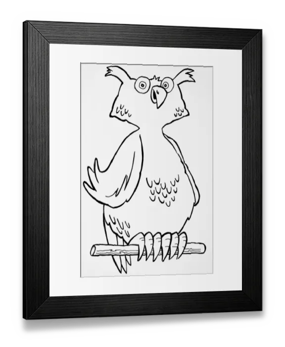Framed Print : Comical depiction of owl on wooden perch Framed Print : Comical depiction of owl on wooden perch