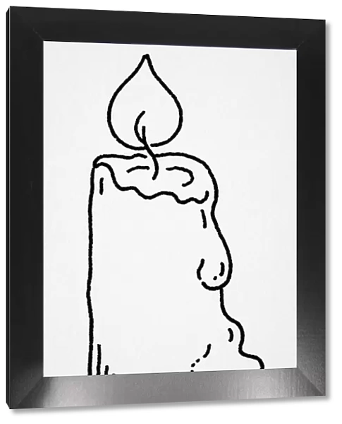 Flame atop candle, melting wax, simple line drawing