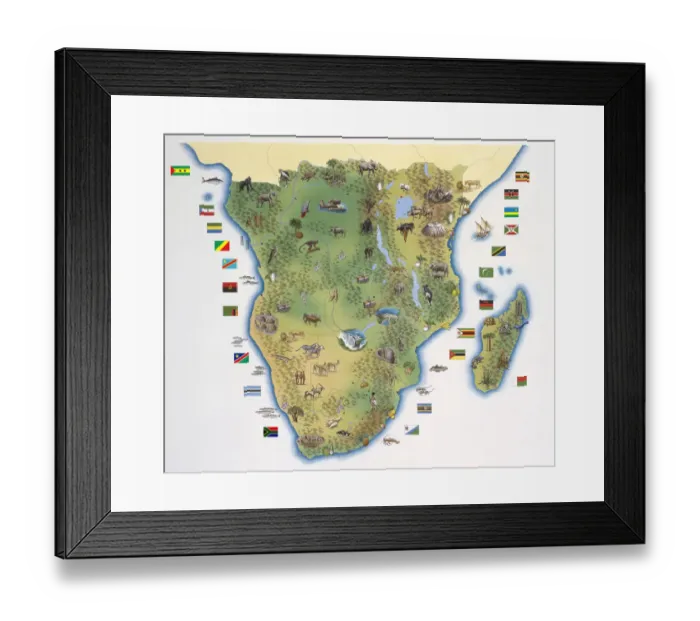 Framed Print : Map of Southern Africa, with illustrations showing distinguishing features