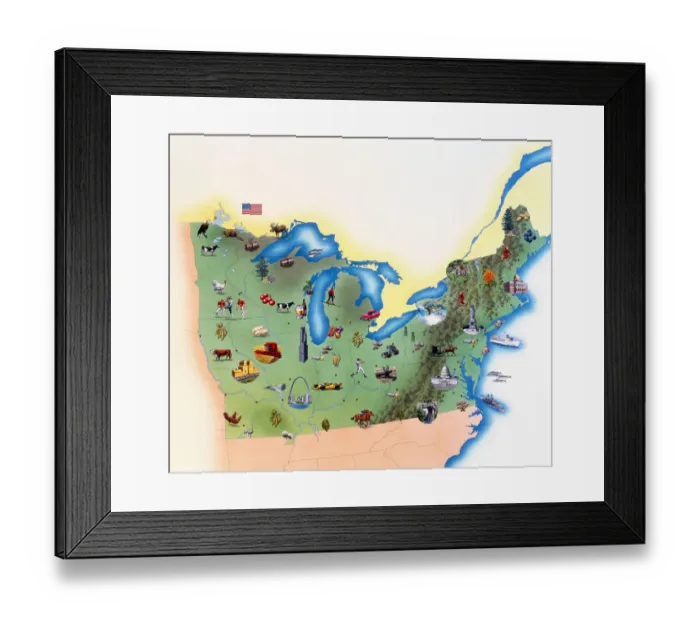 Framed Print : USA, Northern States of America, map with illustrations showing distinguishing features Framed Print : USA, Northern States of America, map with illustrations showing distinguishing features