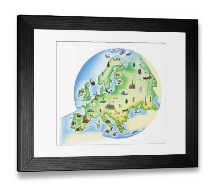 Framed Print : Map of Europe with illustrations of famous landmarks and items associated with various countries Framed Print : Map of Europe with illustrations of famous landmarks and items associated with various countries
