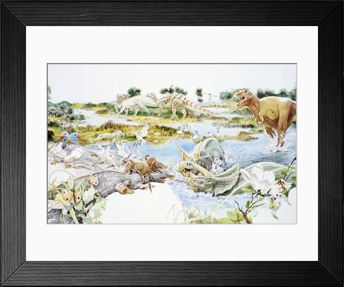 Framed Print : Dinosaurs and birds on swampy landscape Framed Print : Dinosaurs and birds on swampy landscape