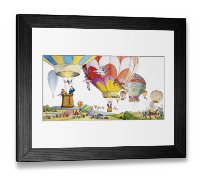 Framed Print : Large group of colorful hot air balloons flying over countryside Framed Print : Large group of colorful hot air balloons flying over countryside