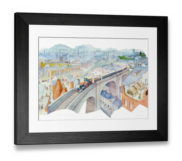 Framed Print : Steam train crossing bridge high above rooftops of industrial town Framed Print : Steam train crossing bridge high above rooftops of industrial town