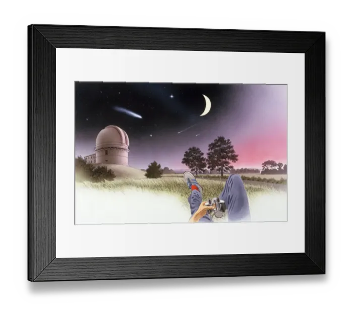 Framed Print : Man holding binoculars in grounds of observatory, night Framed Print : Man holding binoculars in grounds of observatory, night